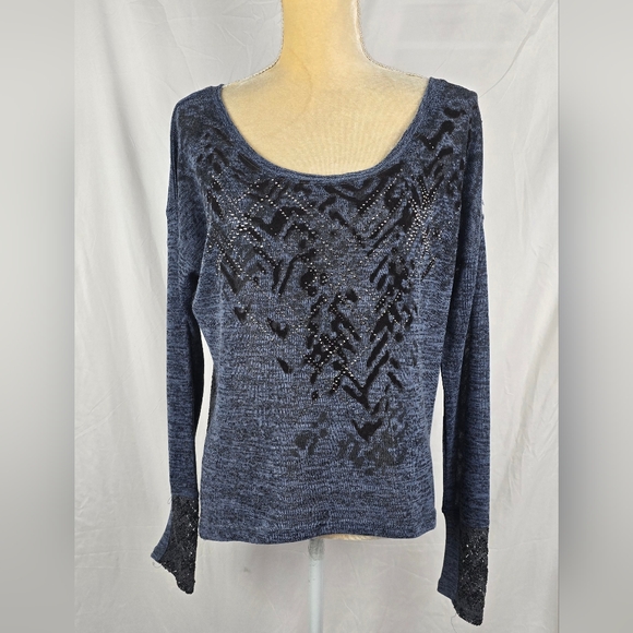 Miss Me Tops - Miss Me Studded Velvet Embossed Lace Back Knit Boho Tunic Top sz Medium